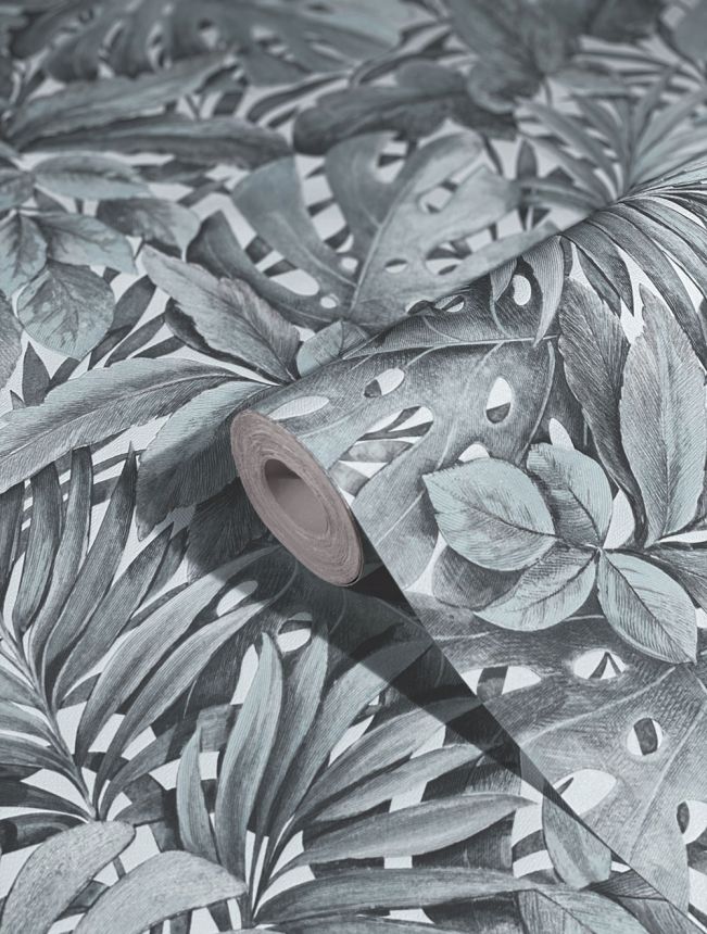 Graublaue Luxustapete mit Blättern 33306, Botanica, Marburg