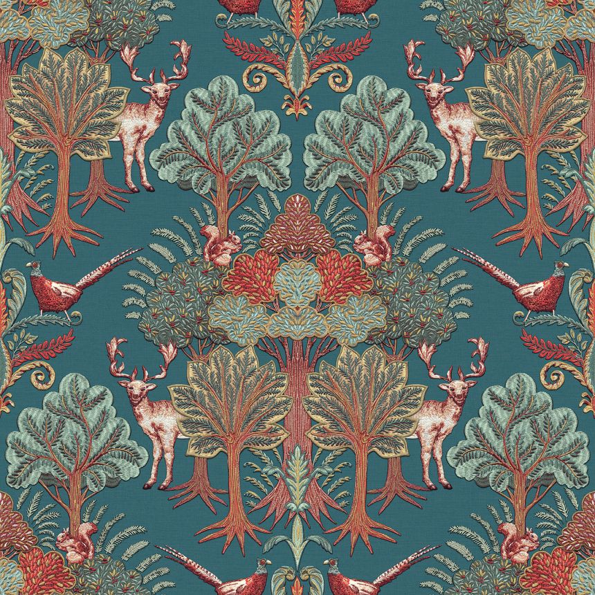 Luxuriöse grüne Tapete mit Bäumen und Tieren, TP422305, Tapestry, Design ID