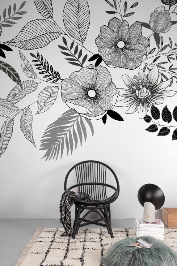 Schwarz-weiße Fototapete mit Blumen, ML6701, Mural Young Edition, Grandeco