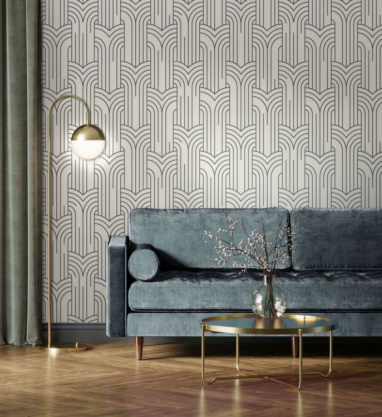 Weiß-silberne Tapete mit geometrischen Mustern, Art Deco, M42129, Elegance, Ugepa