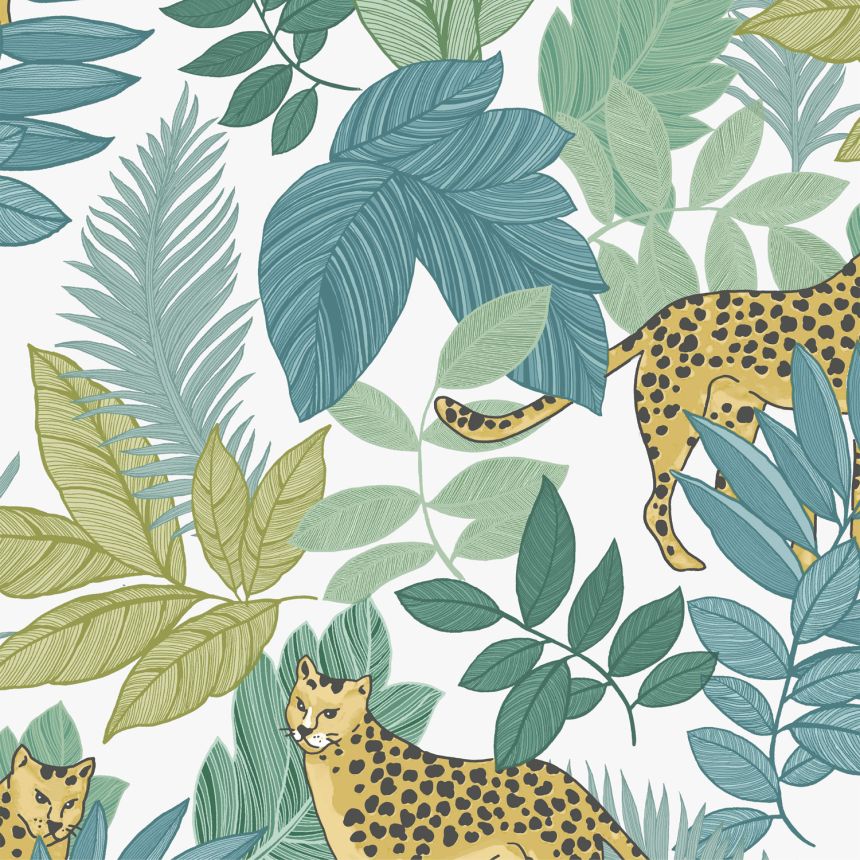 Weiße Tapete mit Leoparden und Blättern, 118733, Envy