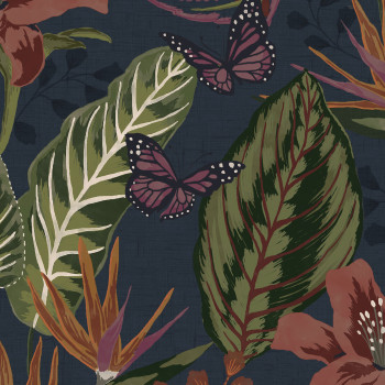 Blaue Tapete mit Blumen, Blättern und Schmetterlingen, 118608, Envy