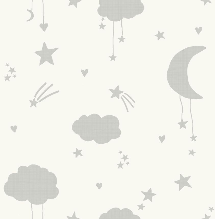 Weißgraue Kindertapete mit Wolken und Sternen, 118332, Next
