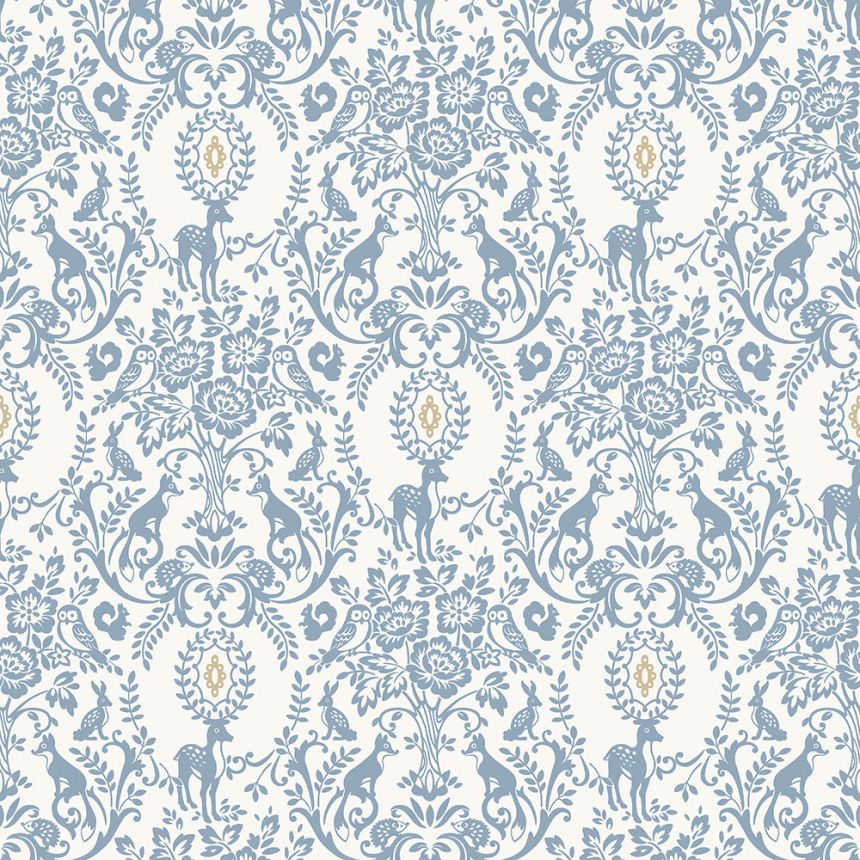 Blaue Kindertapete - Ornamente, Blumen, Waldtiere JS3304, Jack´N Rose 2024 , Grandeco