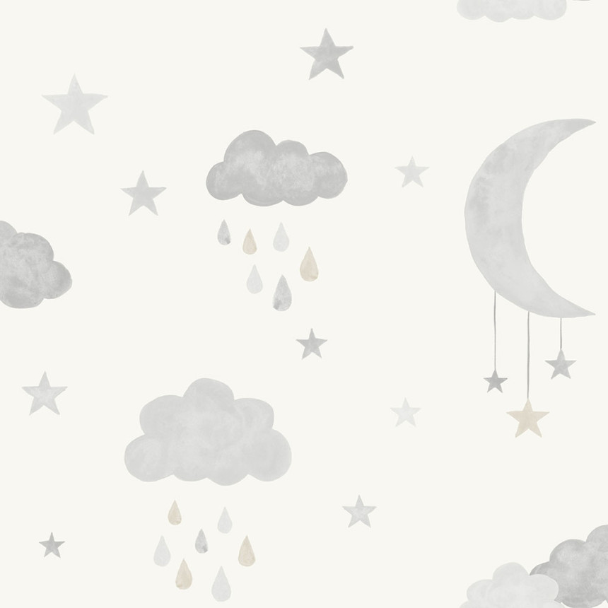 Graue und weiße Kindertapete mit Sternen und Wolken JS2211, Jack´N Rose 2024 , Grandeco