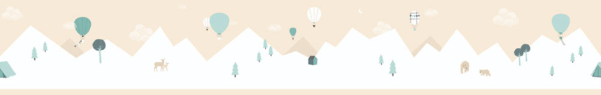 Cremefarbene selbstklebende Kinderbordüre, Berge, Luftballons 7501-2, Noa, ICH Wallcovering